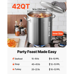 VEVOR Stainless Steel Stockpot, 42 Quart Large Cooking Pots, Cookware Sauce Pot with Basket, Lid, and Handle, Heavy