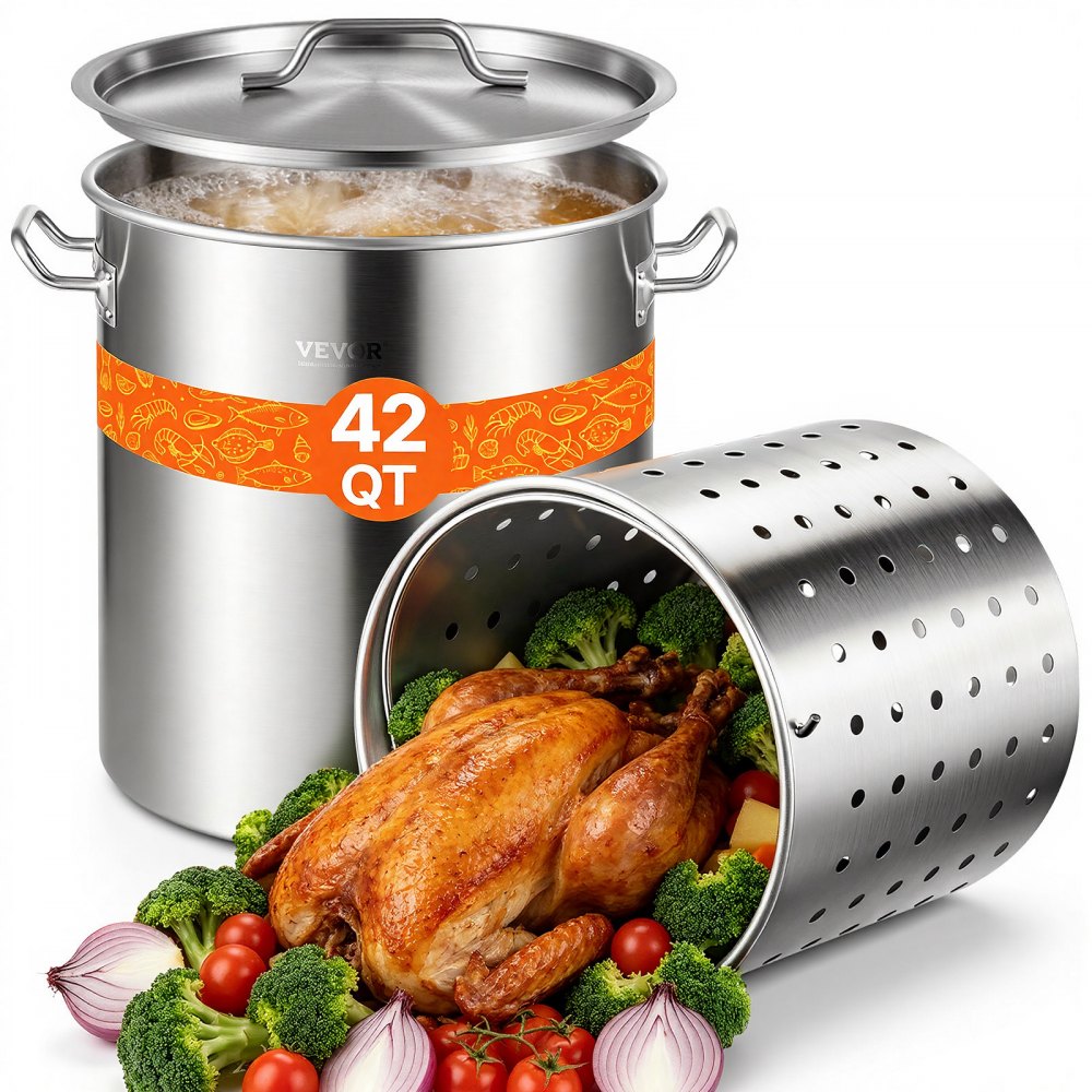 VEVOR Stainless Steel Stockpot, 42 Quart Large Cooking Pots, Cookware Sauce Pot with Basket, Lid, and Handle, Heavy
