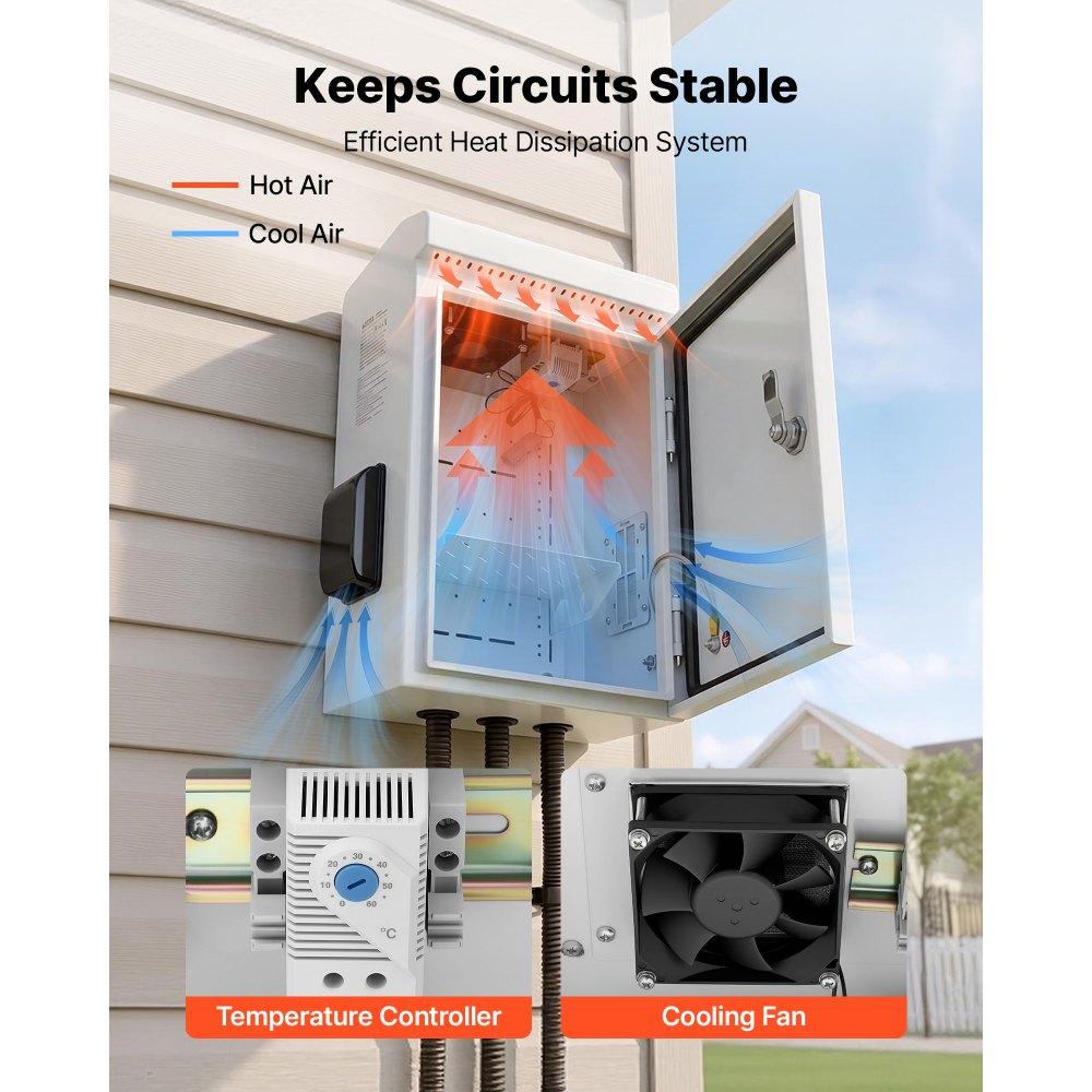 VEVOR Outdoor Electrical Box, Cold-Rolled Steel, Electrical Junction Box with Thermostat and Fan, Rain Hood, Ventilated