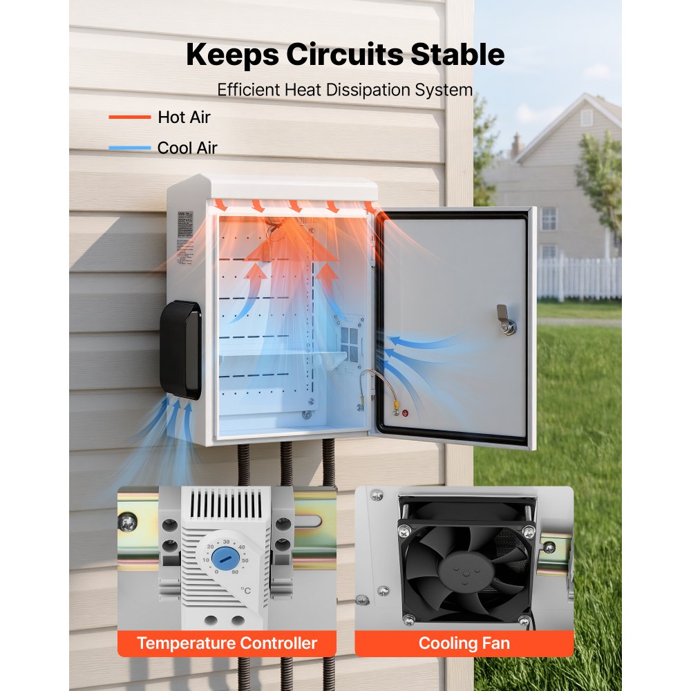 VEVOR Outdoor Electrical Box, Cold-Rolled Steel, Electrical Junction Box with Thermostat and Fan, Rain Hood, Ventilated