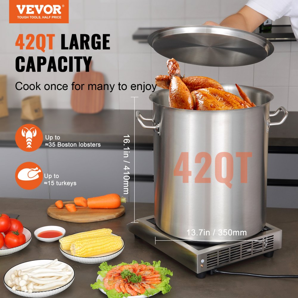 VEVOR Stainless Steel Stockpot, 42 Quart Large Cooking Pots, Multipurpose Cookware Sauce Pot with Lid & Handle, Heavy