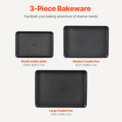 VEVOR Baking Pans Set, 3-Piece, Nonstick Carbon Steel Cookware Sheets & Trays, Stackable Kitchen Oven Bakeware Cooking