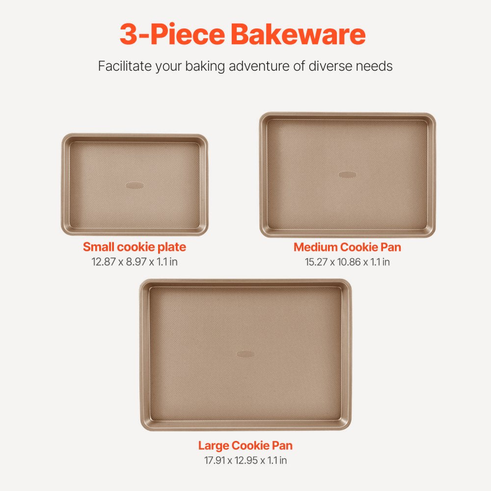 VEVOR Baking Pans Set, 3-Piece, Nonstick Carbon Steel Cookware Sheets & Trays, Stackable Kitchen Oven Bakeware Cooking