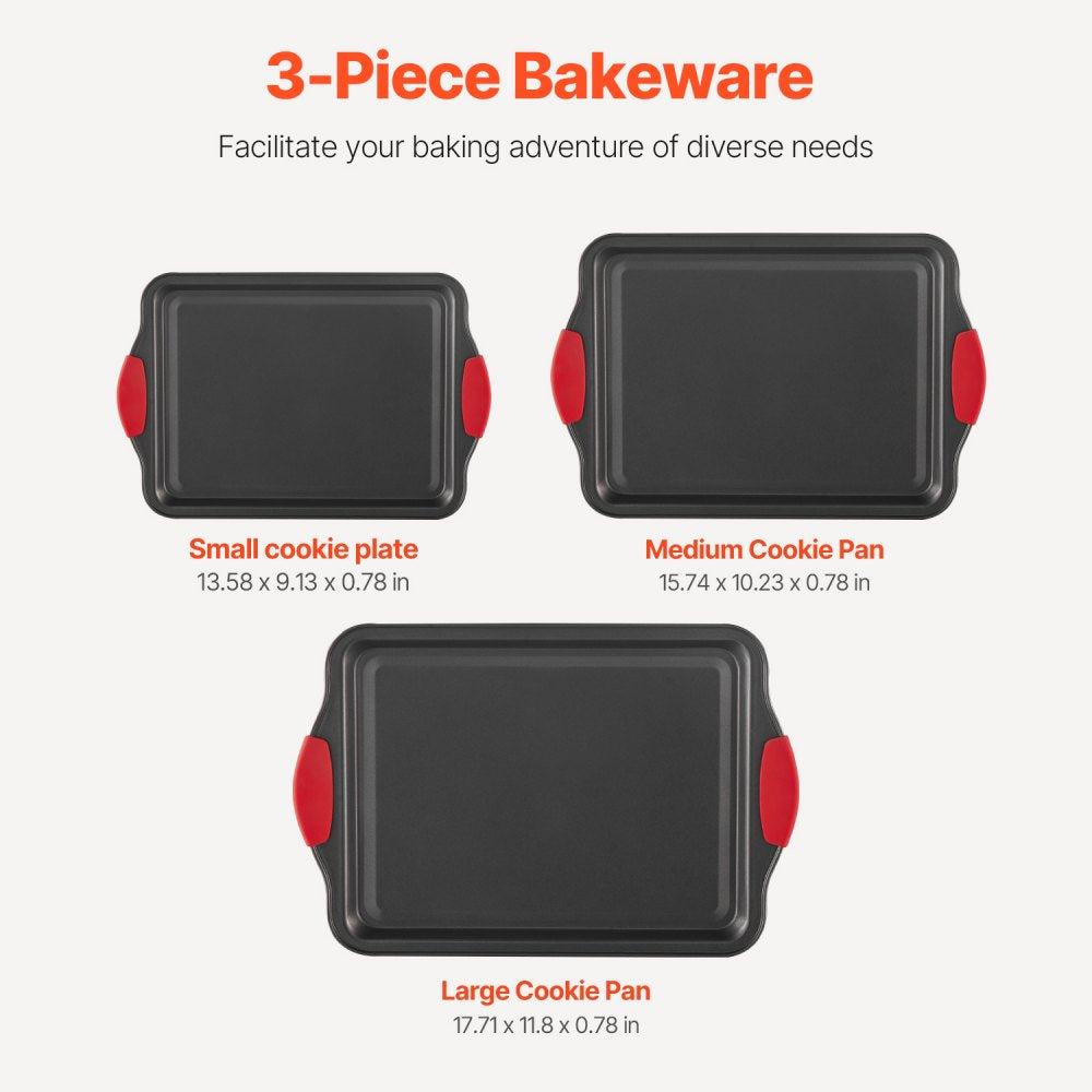 VEVOR Baking Pans Set, 3-Piece, Nonstick Carbon Steel Cookware Sheets & Trays, Stackable Kitchen Oven Bakeware Cooking