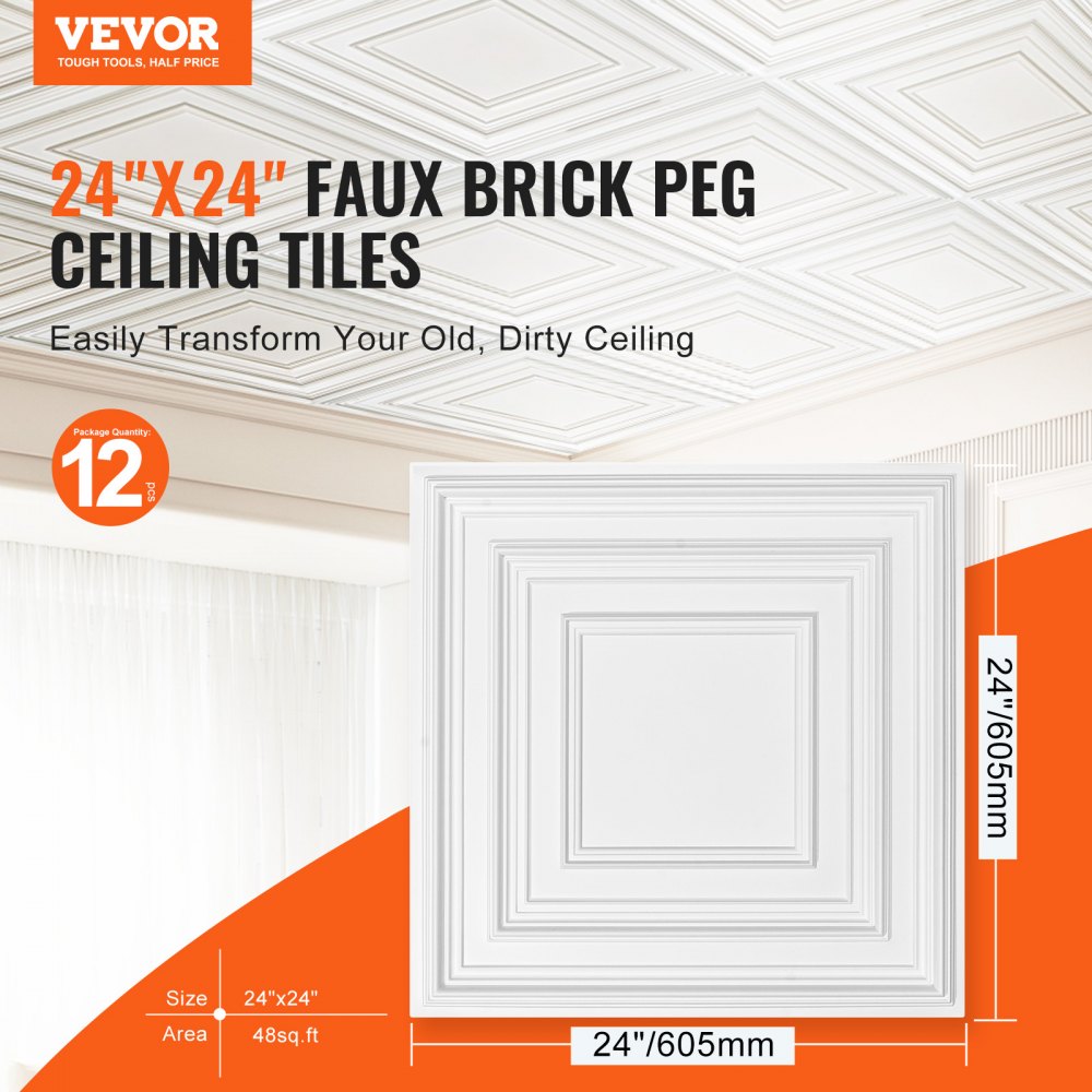 VEVOR Ceiling Tiles, 12-Pack 24 x 24 in, Drop Ceiling Tiles Premium PVC Sheet, Easy Installation/ Cutting Plastic