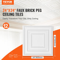 VEVOR Ceiling Tiles, 12-Pack 24 x 24 in, Drop Ceiling Tiles Premium PVC Sheet, Easy Installation/ Cutting Plastic