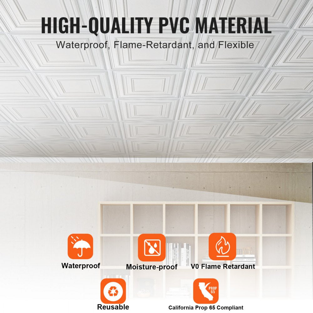VEVOR Ceiling Tiles, 12-Pack 24 x 24 in, Drop Ceiling Tiles Premium PVC Sheet, Easy Installation/ Cutting Plastic