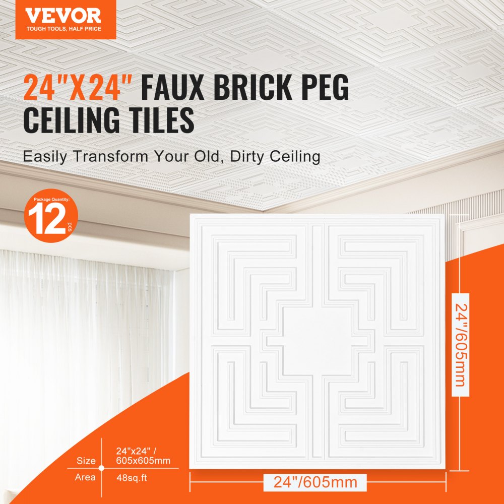 VEVOR Ceiling Tiles, 12-Pack 24 x 24 in, Drop Ceiling Tiles Premium PVC Sheet, Easy Installation/ Cutting Plastic