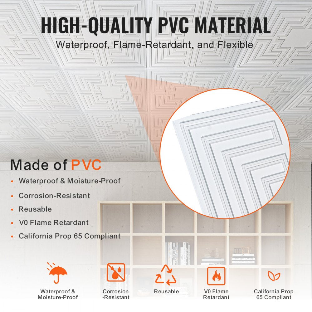 VEVOR Ceiling Tiles, 12-Pack 24 x 24 in, Drop Ceiling Tiles Premium PVC Sheet, Easy Installation/ Cutting Plastic