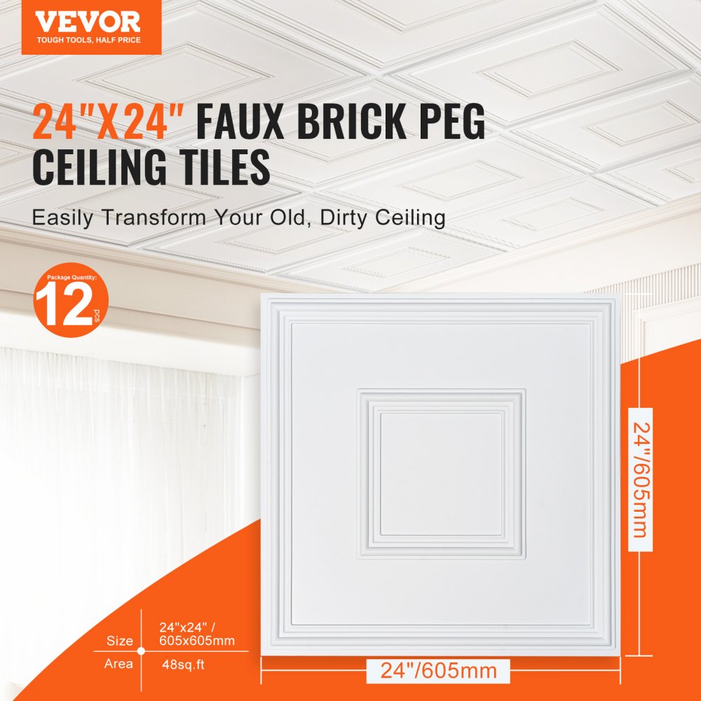 VEVOR Ceiling Tiles, 12-Pack 24 x 24 in, Drop Ceiling Tiles Premium PVC Sheet, Easy Installation/ Cutting Plastic