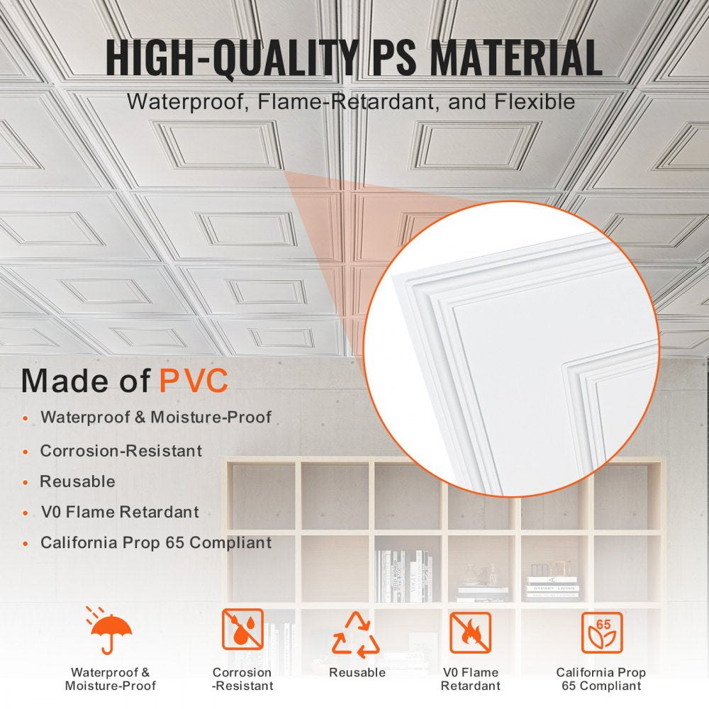VEVOR Ceiling Tiles, 12-Pack 24 x 24 in, Drop Ceiling Tiles Premium PVC Sheet, Easy Installation/ Cutting Plastic