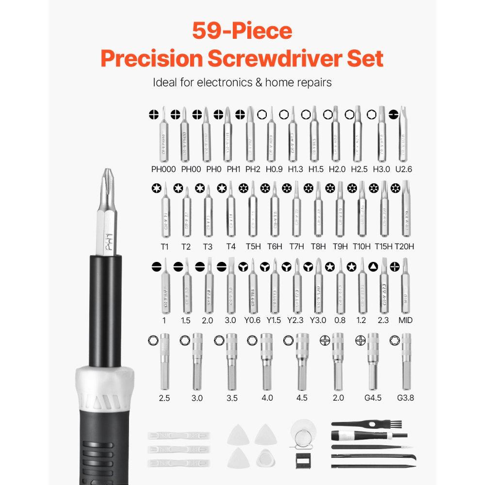 VEVOR Screwdriver Set, 59-Piece Small Precision Screwdriver Set with Phillips, Flat Head, Torx, Pentalobe Bits, Tweezer