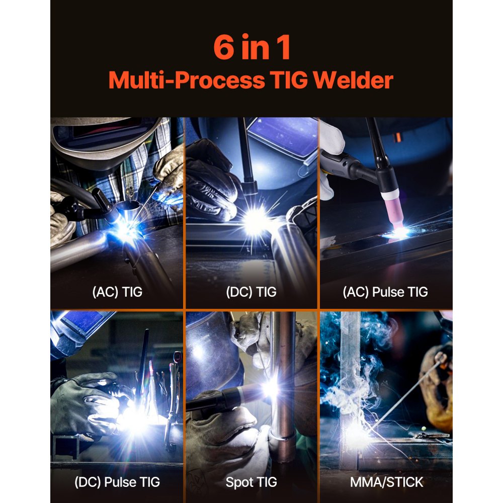 VEVOR TIG Welder, 225A 6-In-1 Aluminum Welding Machine (Large LED Display)- AC TIG/DC TIG/AC Pulse TIG/DC Pulse