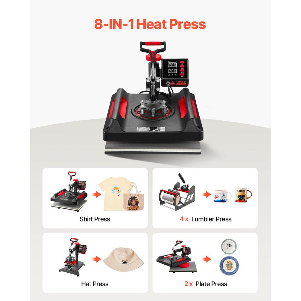 VEVOR Heat Press Machine 8 in 1 Combo, Heat Press 15x15, Swing Away T Shirt Printing Machine Digital Control