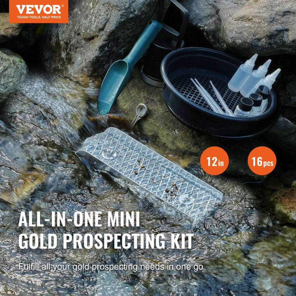 VEVOR Mini Sluice Box Gold Panning Kit, 12inch Aluminum Alloy Gold Mining Equipment, 16 PCS Gold Prospecting Kit with