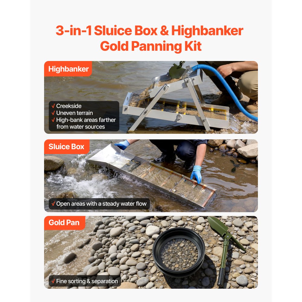 VEVOR Highbanker Gold Panning Kit, 50" 3-in-1 Folding High Banker Gold Sluice Box, 26 PCS Portable Mining Equipment