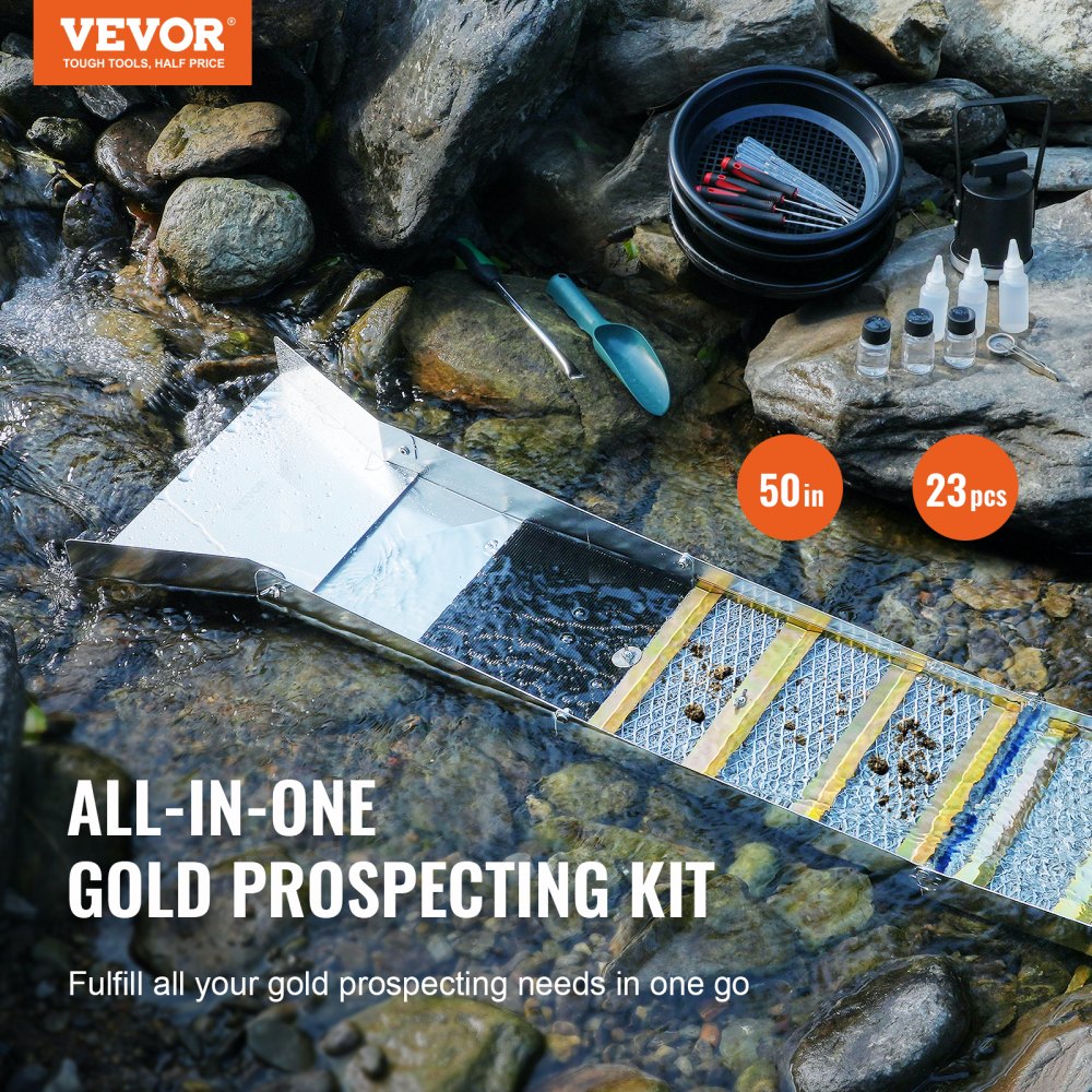 VEVOR Folding Sluice Box Gold Panning Kit, 50 Inch 23pc Gold Prospecting Equipment Kit with Gold Pan, Classifier