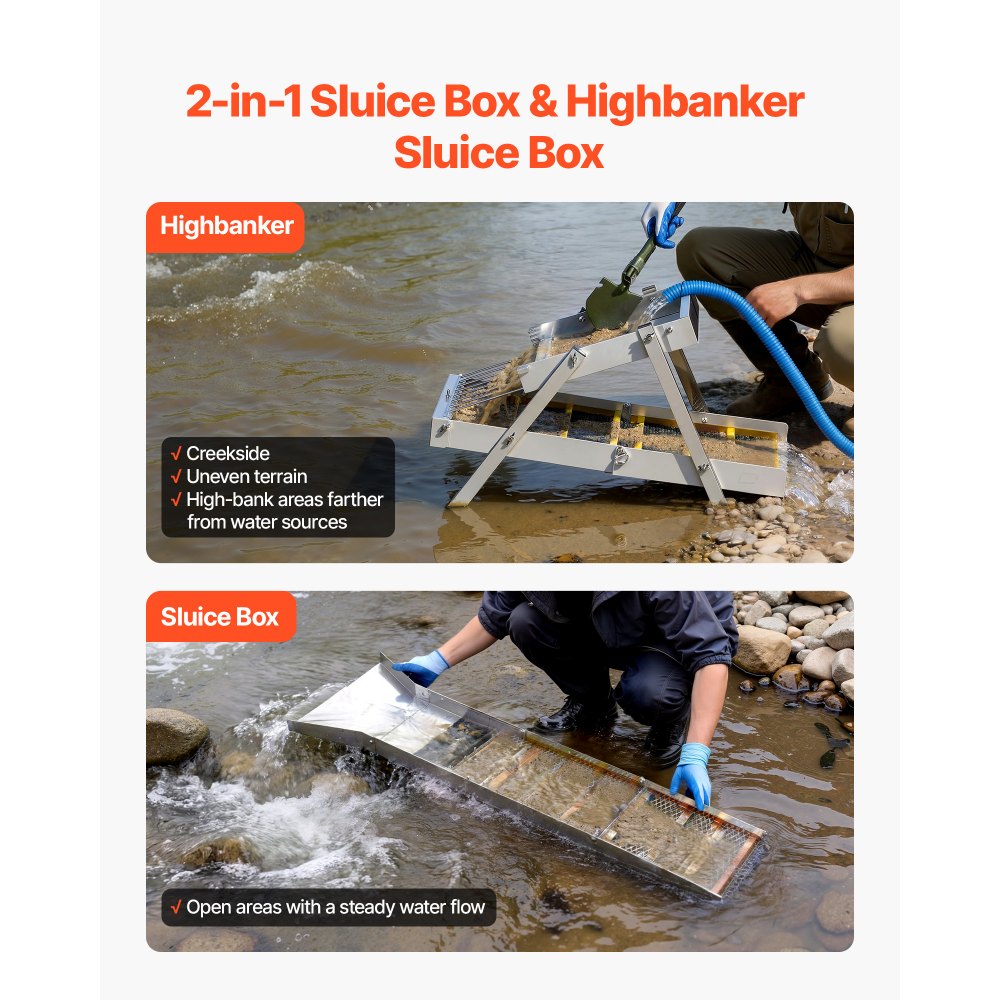 VEVOR High Banker Gold Sluice, 50" 2-in-1 Folding Highbanker Sluice Box, Aluminum Alloy, Portable Mining Equipment with