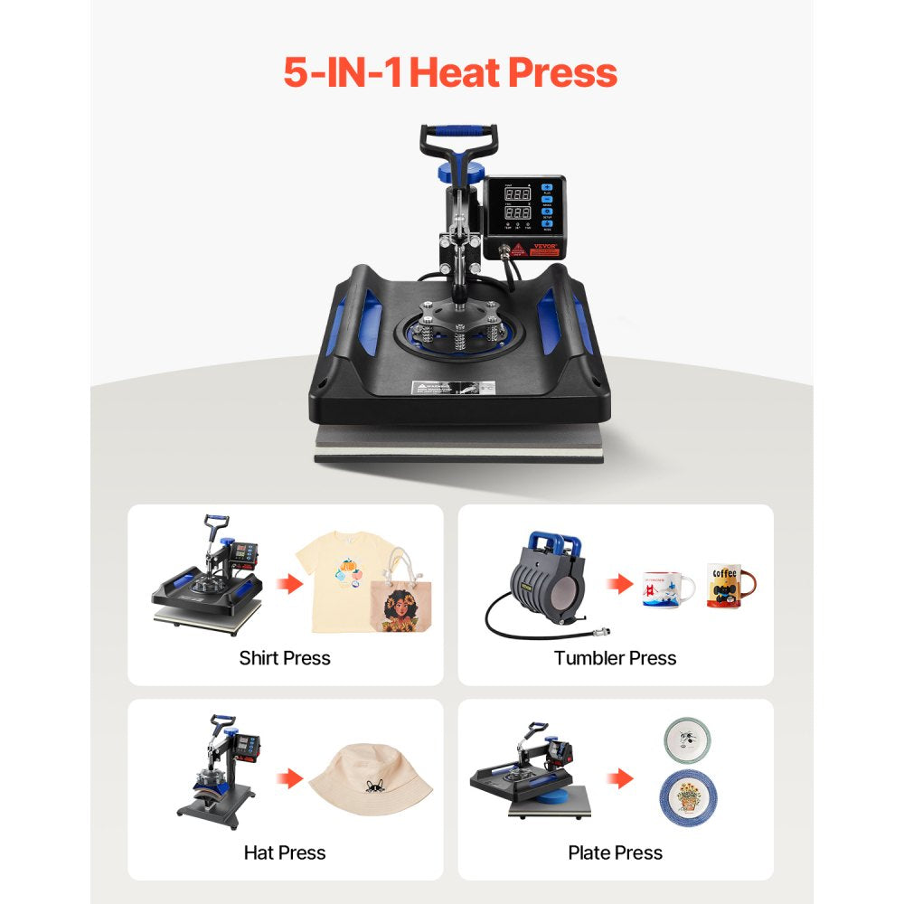 VEVOR Heat Press, 15x15in Swing Away 5 in 1 Heat Press Machine, Digital Control Multifunctional Device, Quick Heating