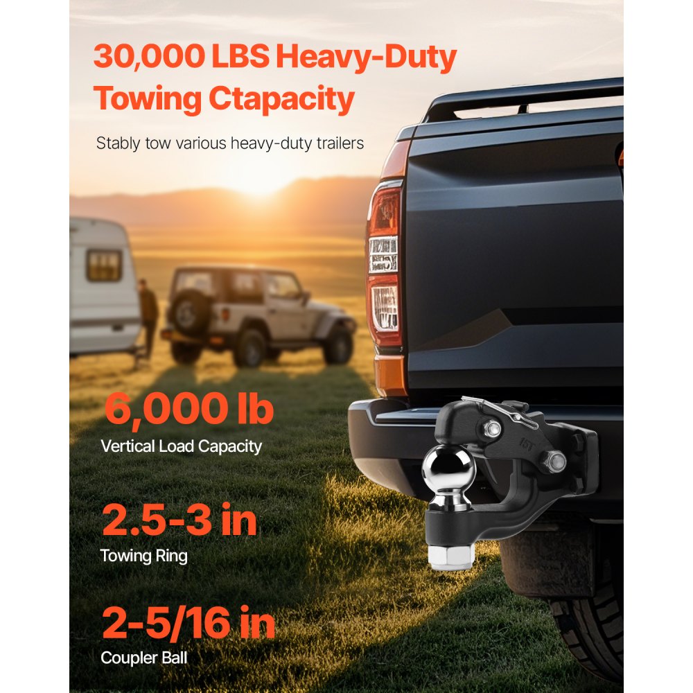 VEVOR Pintle Hook, 30000 lbs Towing Capacity, Trailer Hitches Receiver Hook Combination 2-5/16-inch Hitch Ball, Fits