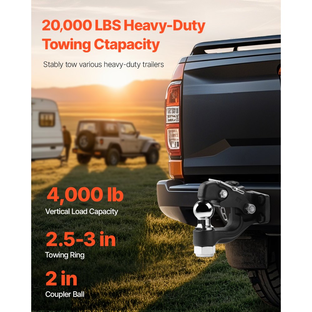 VEVOR Pintle Hook, 20000 lbs Towing Capacity, Trailer Hitches Receiver Hook Combination 2-inch Hitch Ball, Fits for 2.5