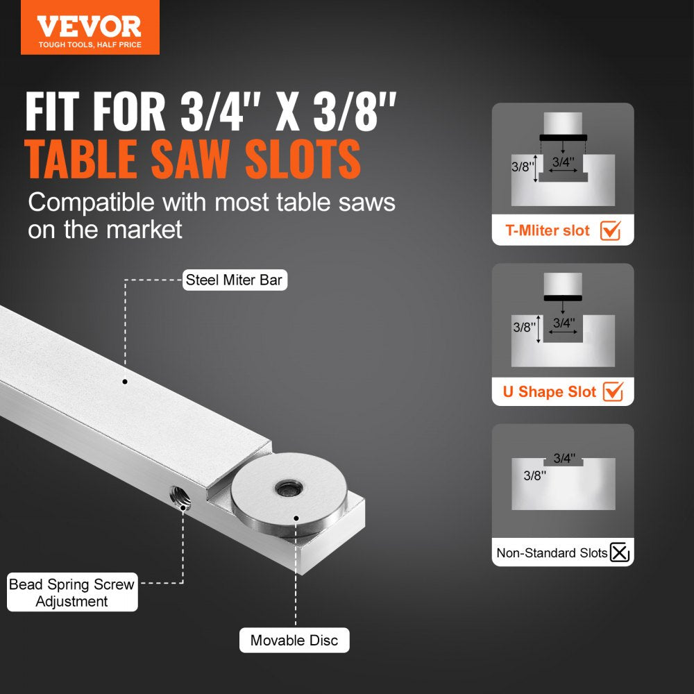 VEVOR Precision Miter Gauge, Standard Slot 3/4'' x 3/8'', Aluminum Alloy Table Saw Miter Gauge with 19-35 in Grating 15