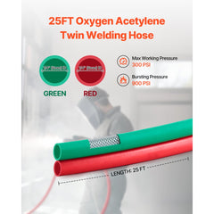 VEVOR Oxygen Acetylene Hose, 1/4-Inch x 25FT Oxy Acetylene Hose with 9/16"-18 B Fitting, 300PSI T Grade Welding Cutting