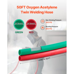 VEVOR Oxygen Acetylene Hose, 1/4-Inch x 50FT Oxy Acetylene Hose with 9/16"-18 B Fitting, 300PSI T Grade Welding Cutting