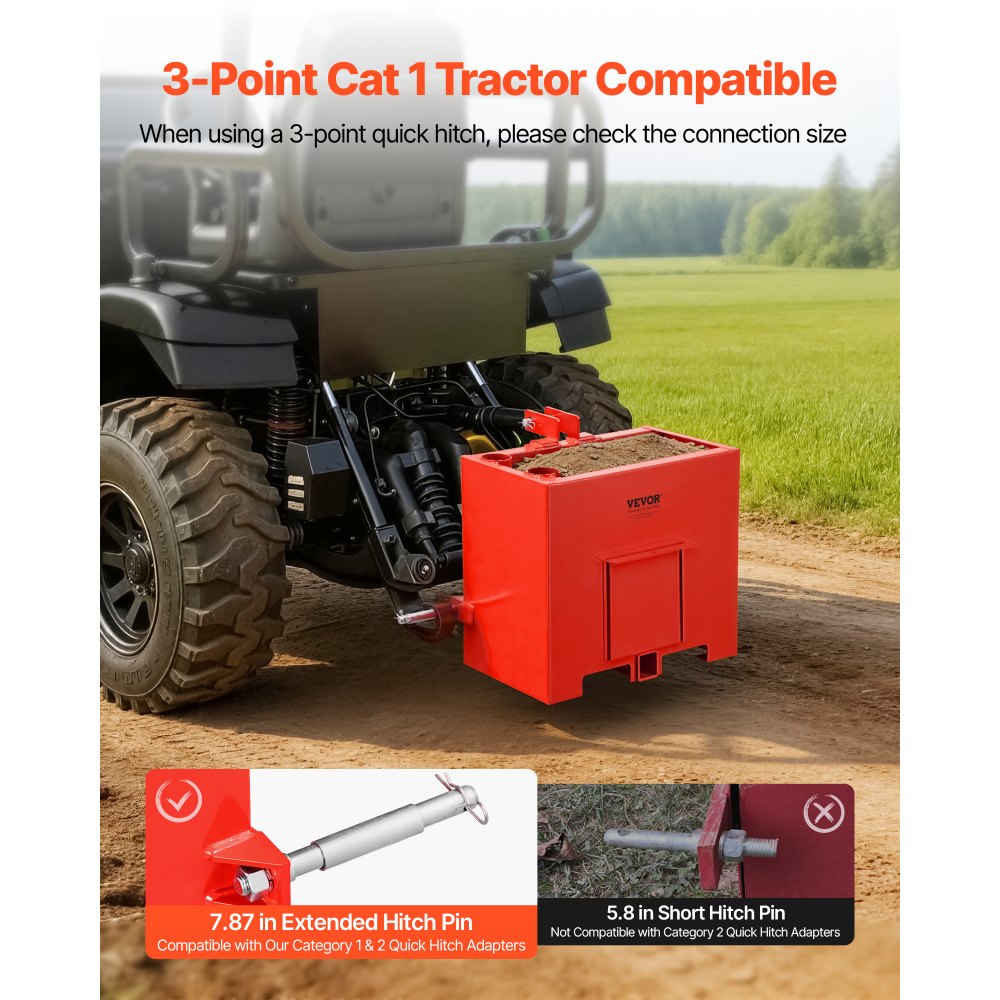 VEVOR Ballast Box, 3-Point Category 1 Tractor Ballast of 800 lbs Capacity, with Standard 2 Inch Hitch Receiver