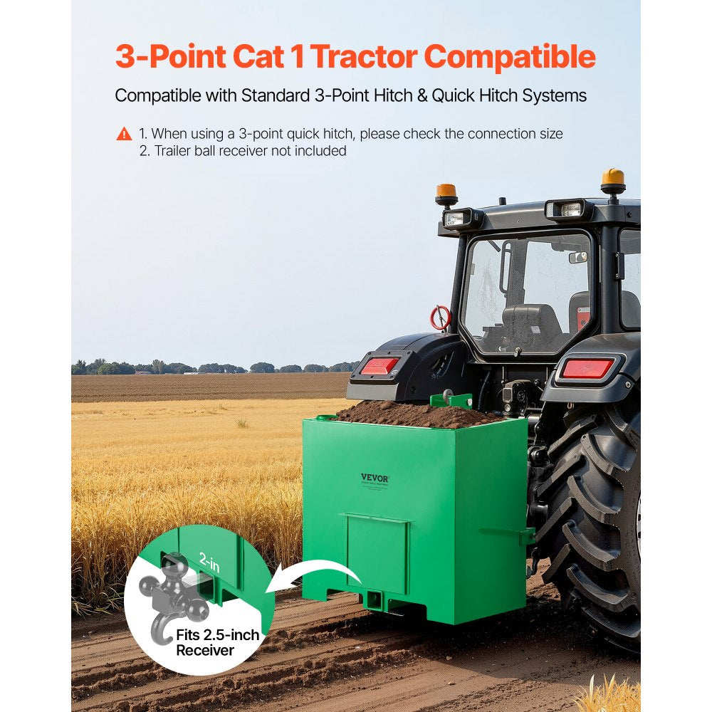 VEVOR Ballast Box, 3-Point Category 1 Tractor Ballast of 800 lbs Capacity, with Standard 2 Inch Hitch Receiver
