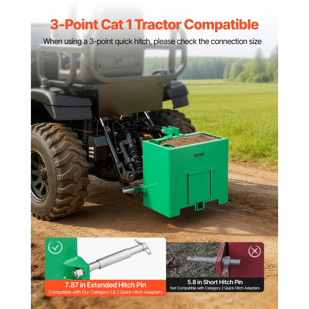 VEVOR Ballast Box, 3-Point Category 1 Tractor Ballast of 800 lbs Capacity, with Standard 2 Inch Hitch Receiver