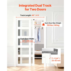 VEVOR Bypass Sliding Door Hardware Kit, 4 ft Aluminum Alloy Dual-Track Bypass Door Hardware, Smooth and Quiet Sliding