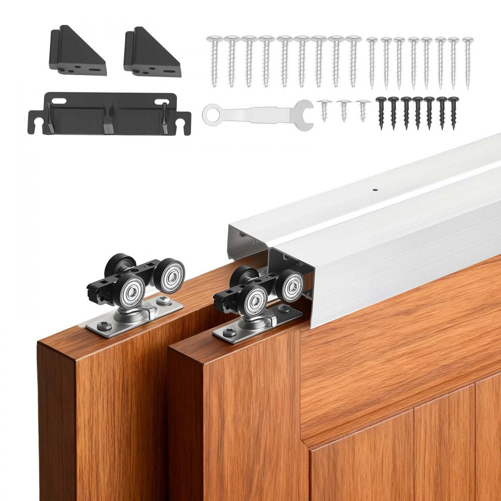 VEVOR Bypass Sliding Door Hardware Kit, 4 ft Aluminum Alloy Dual-Track Bypass Door Hardware, Smooth and Quiet Sliding