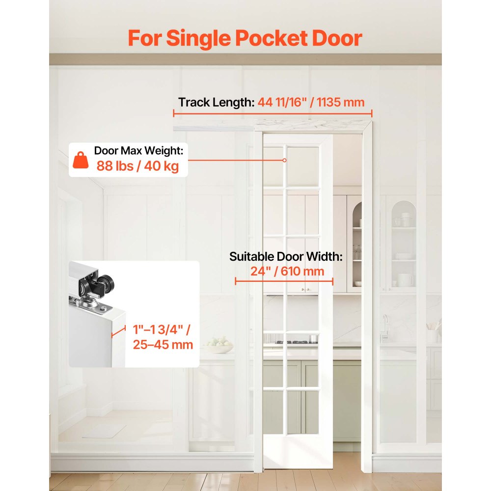 VEVOR Sliding Pocket Door Hardware Track Kit, 44.69" Pocket Door Track Kit with Soft Close Mechanism for Smooth and