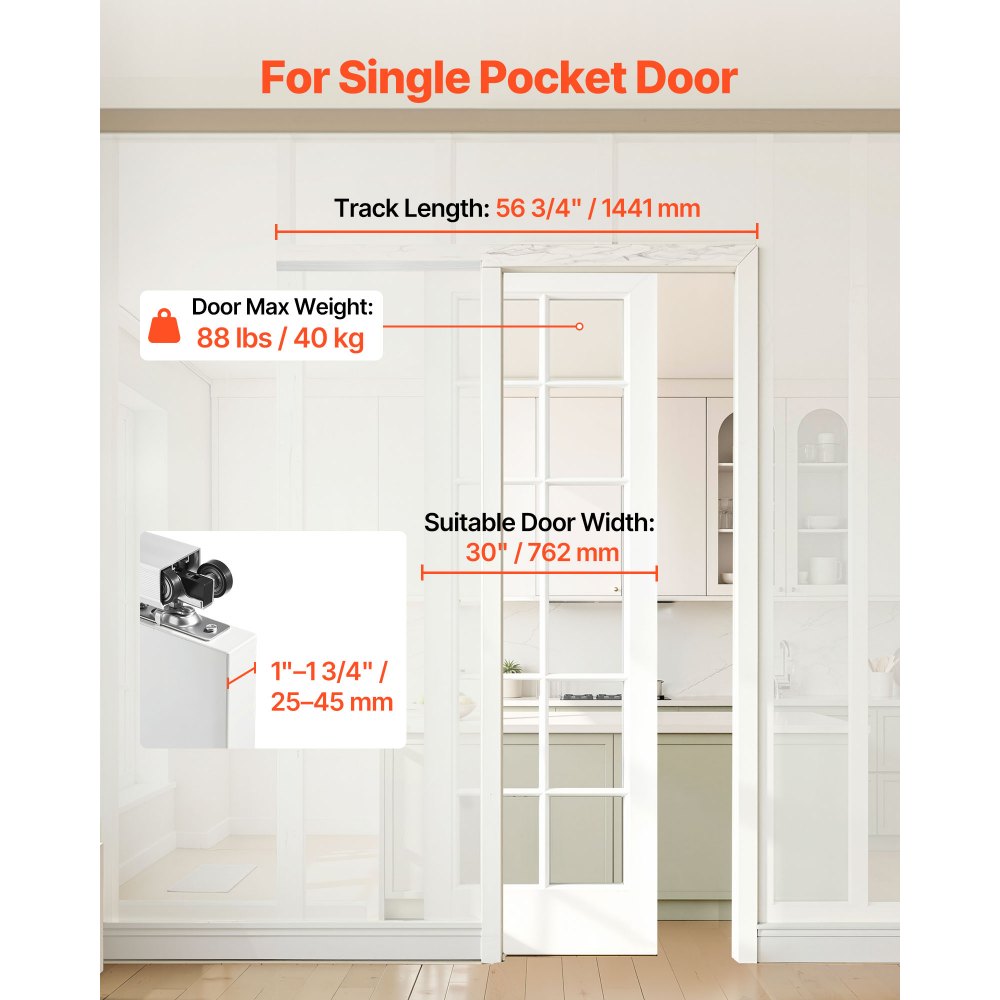 VEVOR Sliding Pocket Door Hardware Track Kit, 56.73" Pocket Door Track Kit with Soft Close Mechanism for Smooth and