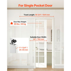 VEVOR Sliding Pocket Door Hardware Track Kit, 56.73" Pocket Door Track Kit with Soft Close Mechanism for Smooth and