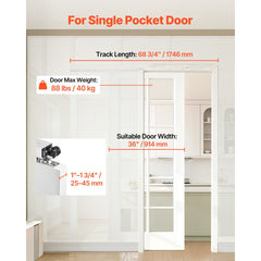 VEVOR Sliding Pocket Door Hardware Track Kit, 68.74" Pocket Door Track Kit with Soft Close Mechanism for Smooth and