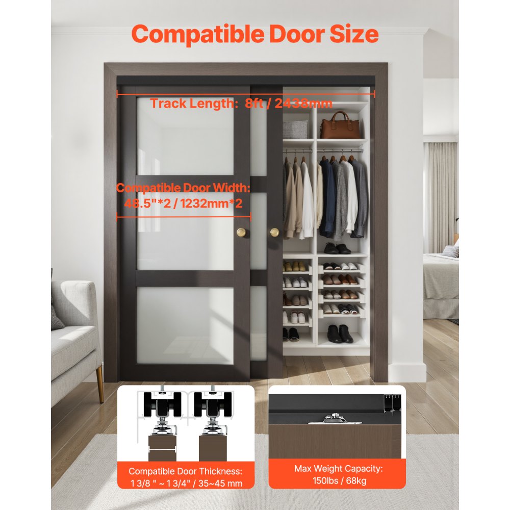VEVOR Bypass Door Hardware, 8ft Heavy Duty Bypass Sliding Door Hardware Kit, Aluminum Alloy Sliding Closet Door