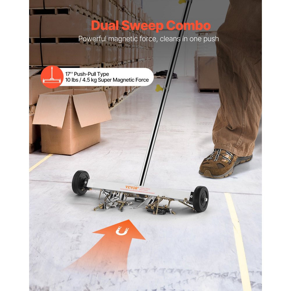 VEVOR Magnetic Sweeper with Wheels, 17 inch, 10 lbs Load Capacity, Lightweight Magnetic Pickup Sweeper with Adjustable