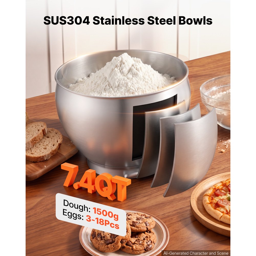 VEVOR 7.4 Qt Tilt Head Stand Mixer 500W Electric Dough Mixer, 6 Speeds with Pulse Food Kitchen Mixer with Stainless