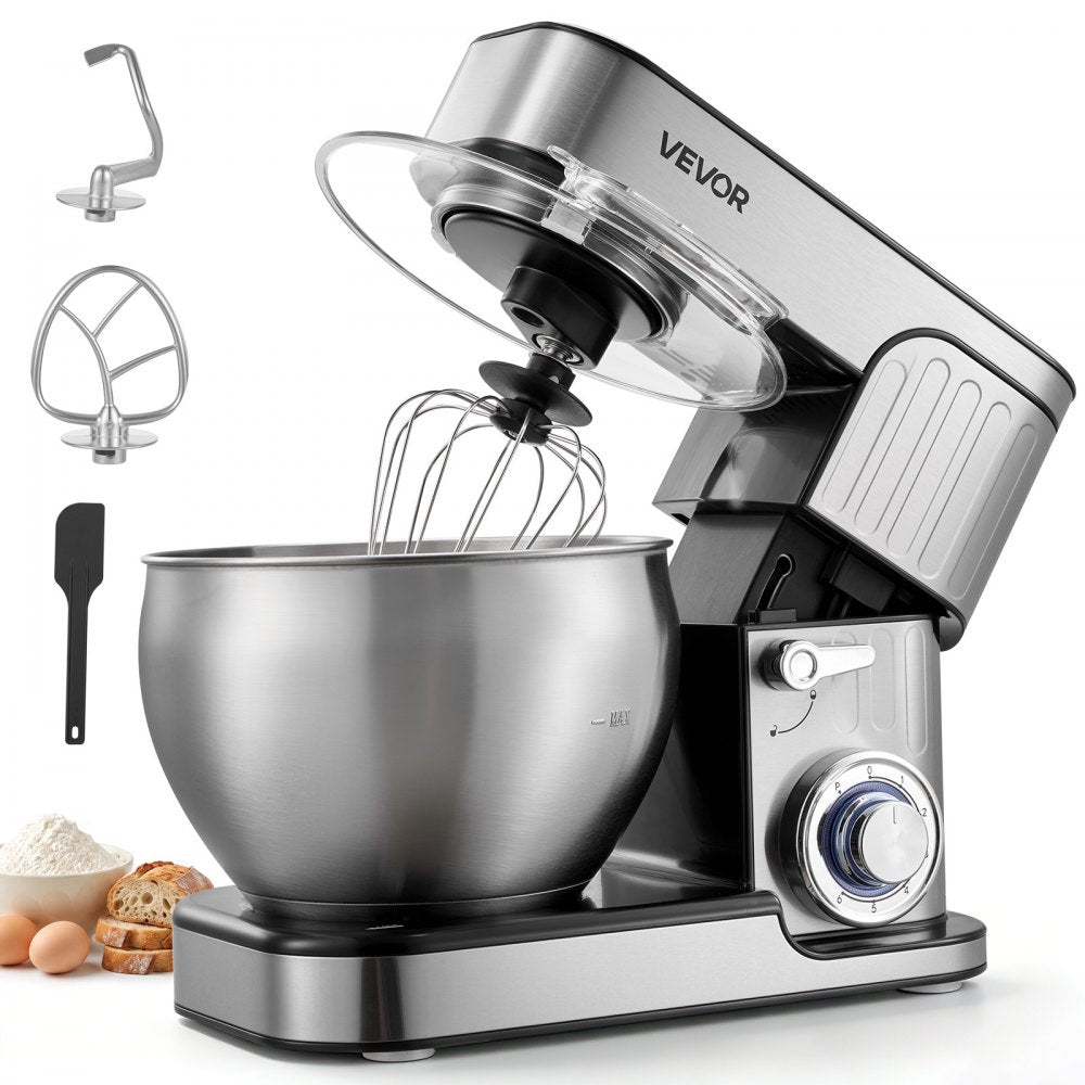 VEVOR 7.4 Qt Tilt Head Stand Mixer 500W Electric Dough Mixer, 6 Speeds with Pulse Food Kitchen Mixer with Stainless