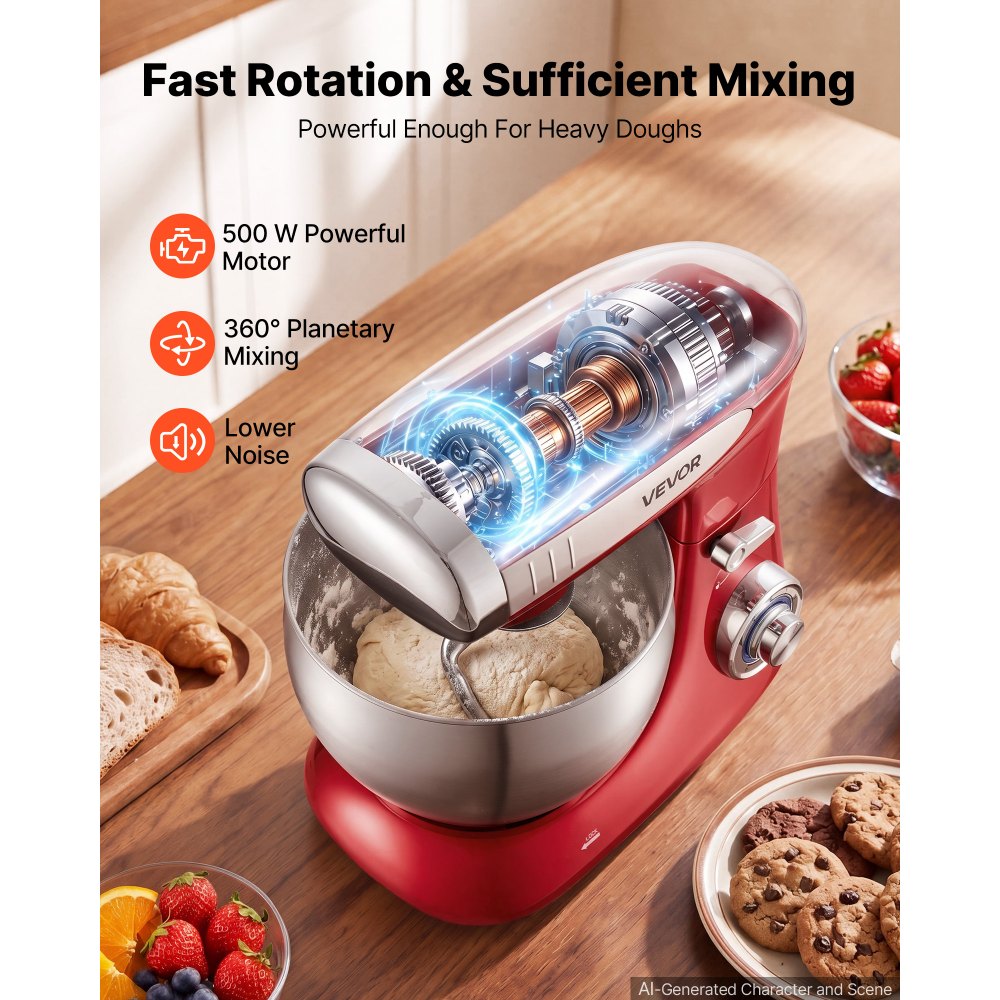 VEVOR 7.4 Qt Tilt Head Stand Mixer 500W Electric Dough Mixer, 6 Speeds with Pulse Food Kitchen Mixer with Stainless