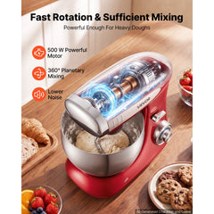 VEVOR 7.4 Qt Tilt Head Stand Mixer 500W Electric Dough Mixer, 6 Speeds with Pulse Food Kitchen Mixer with Stainless