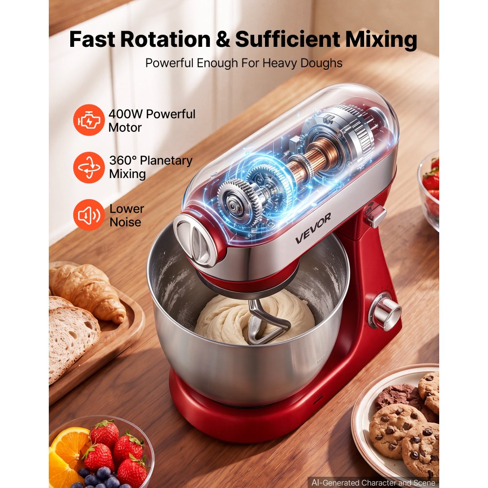 VEVOR 5.3 Qt Tilt Head Stand Mixer 400W Electric Dough Mixer, 10 Speeds Food Kitchen Mixer with Stainless Steel Bowl