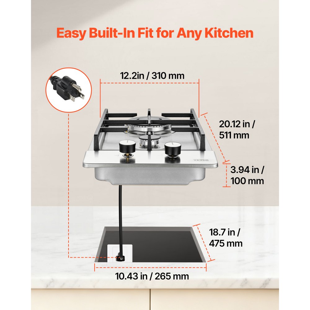 VEVOR Gas Cooktop 12 inch, Max 12250BTU 2 Burners Built-in Stainless Steel Gas Stove Top, LPG/NG Convertible Dual Fuel