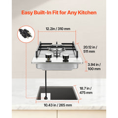 VEVOR Gas Cooktop 12 inch, Max 12250BTU 2 Burners Built-in Stainless Steel Gas Stove Top, LPG/NG Convertible Dual Fuel