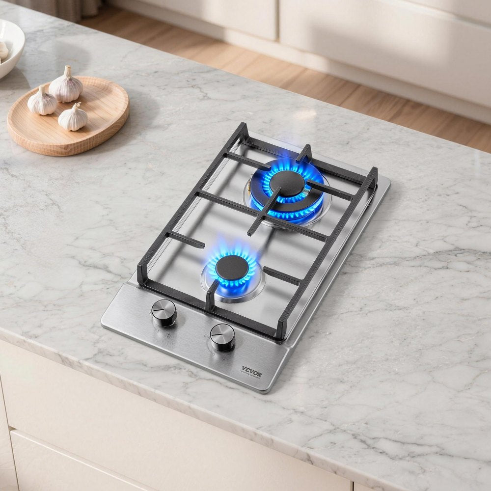 VEVOR Gas Cooktop 12 inch, Max 12250BTU 2 Burners Built-in Stainless Steel Gas Stove Top, LPG/NG Convertible Dual Fuel