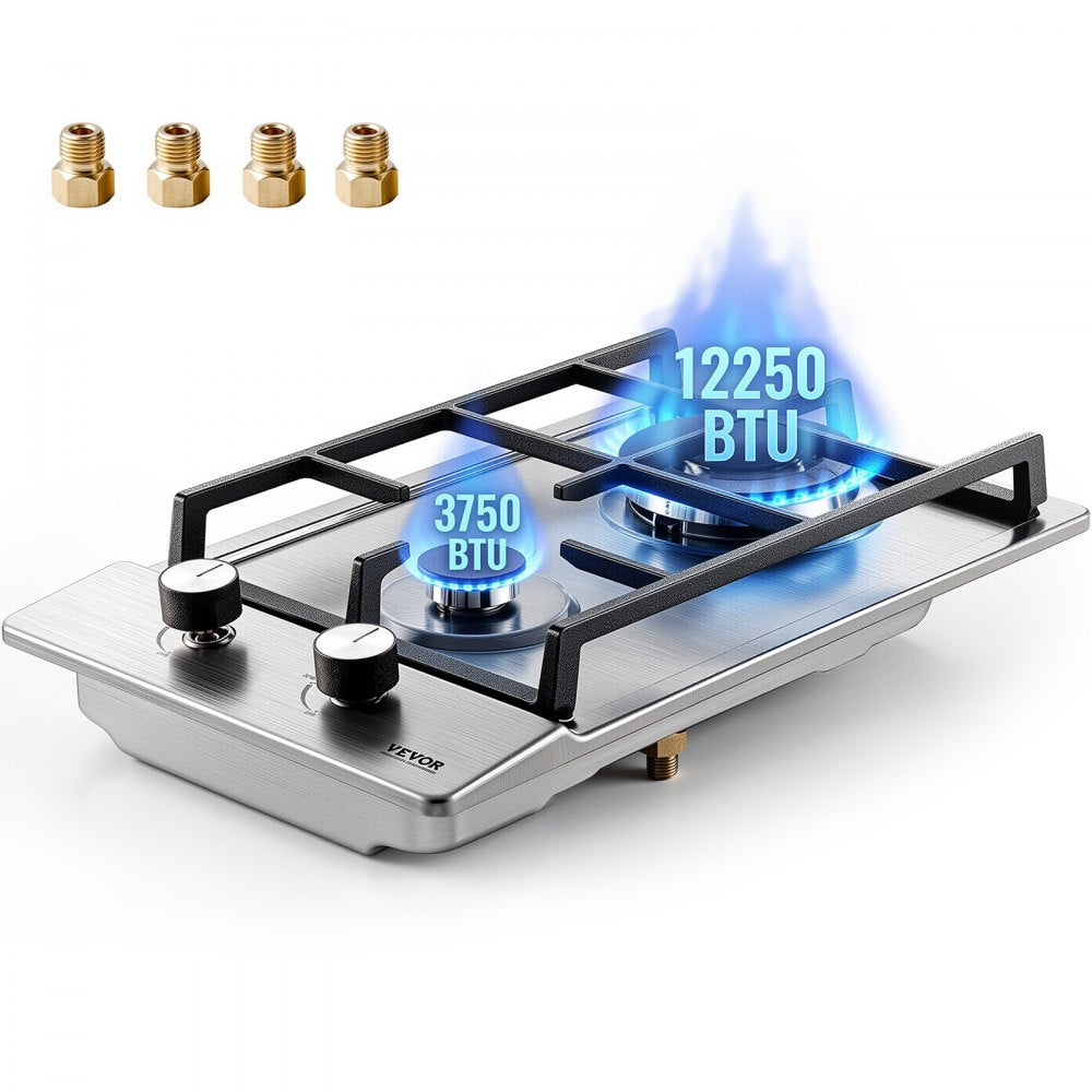 VEVOR Gas Cooktop 12 inch, Max 12250BTU 2 Burners Built-in Stainless Steel Gas Stove Top, LPG/NG Convertible Dual Fuel