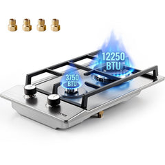 VEVOR Gas Cooktop 12 inch, Max 12250BTU 2 Burners Built-in Stainless Steel Gas Stove Top, LPG/NG Convertible Dual Fuel