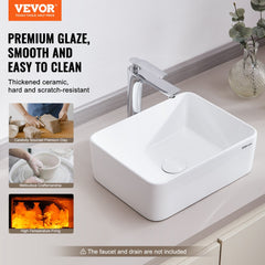 VEVOR Rectangle Vessel Sink, 16" x 12" Bathroom Vessel Sink Countertop, White Ceramic Bathroom Sinks Above Counter